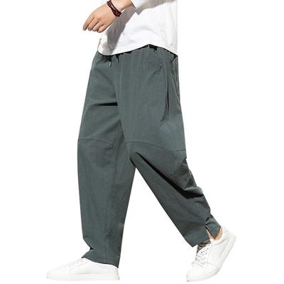[Platilive] Men's Linen Sarouel Pants, Oversized Wide Leg Pants, Relaxed Fit, Plus Sizes, Loose Fit, Adjustable Drawstring, Elastic Waist, Gray, 3XL