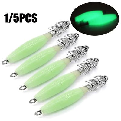 1/5PCS Simulation Luminous Jigs Squid Hook Octopus Bait Fishing Tackle Wood Shrimp Lures