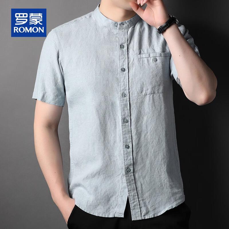 ROMON Men's 100% Linen Stand Collar Short Sleeve Shirt