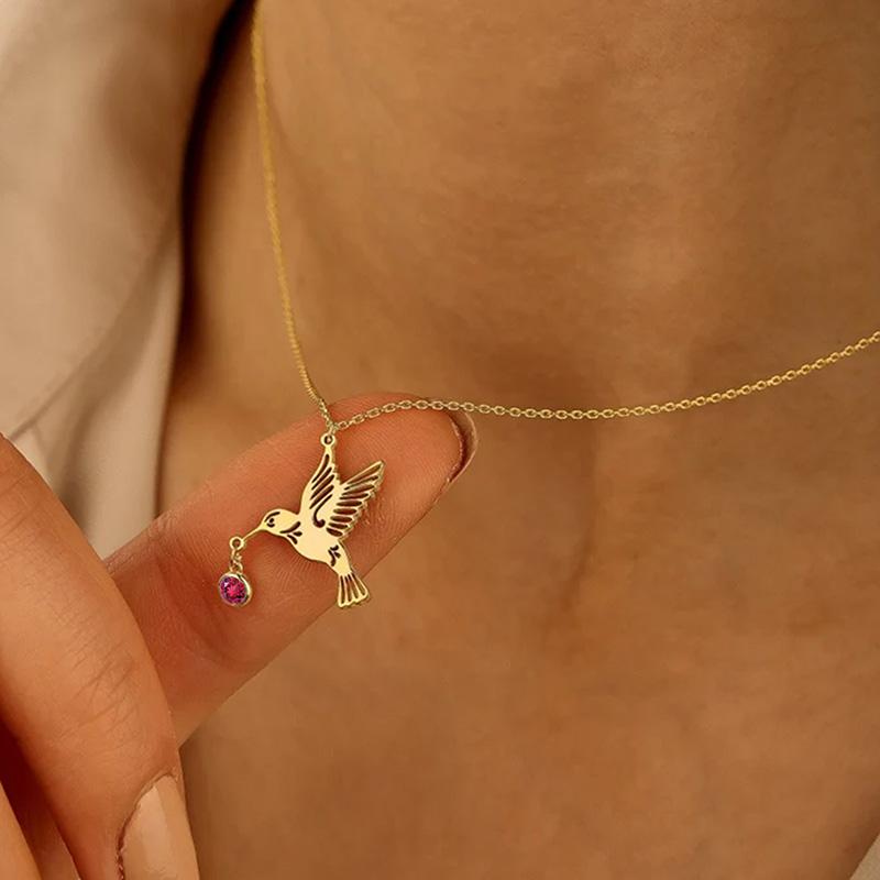 Fashion Crystal Birthstone Hummingbird Pendant Necklace Gold Plated Stainless Steel Bird Jewelry Gifts For Mother