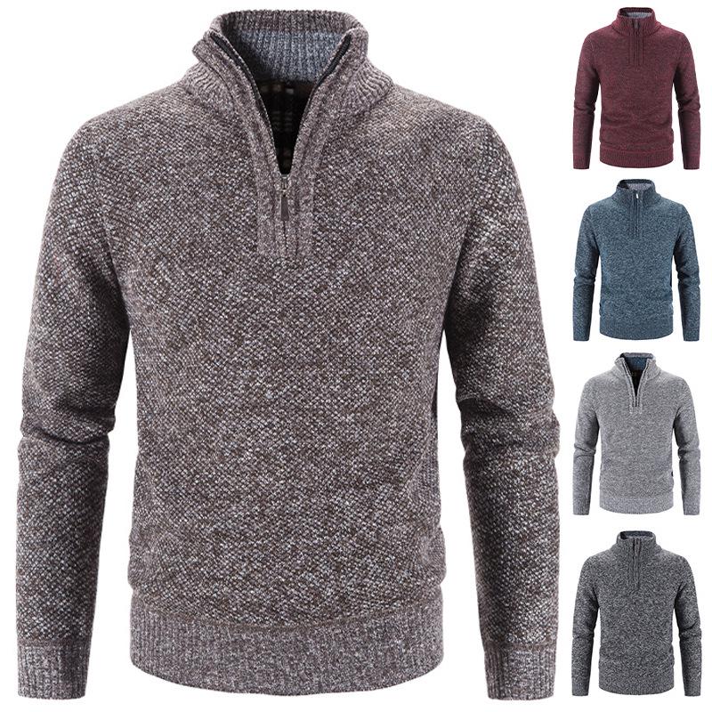 Men's Autumn & Winter Hong Kong Style Knitted Cardigan: Stand-Up Collar, Loose Fit, Fleece-Lined, Thick Woolen Sweater.