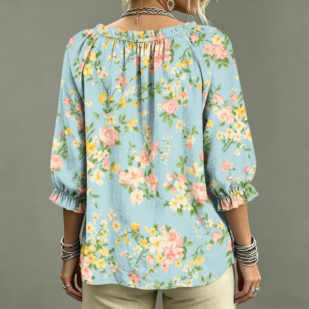 Women's Casual V-Neck Ruffle Tie Printed Blouse