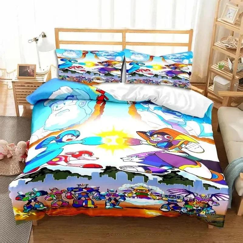 Rockman Megaman Game Cartoon Bedding Set Printed With Pillowcase Bed Duvet Cover Soft Queen King Size Bedclothes Home Boys Gift