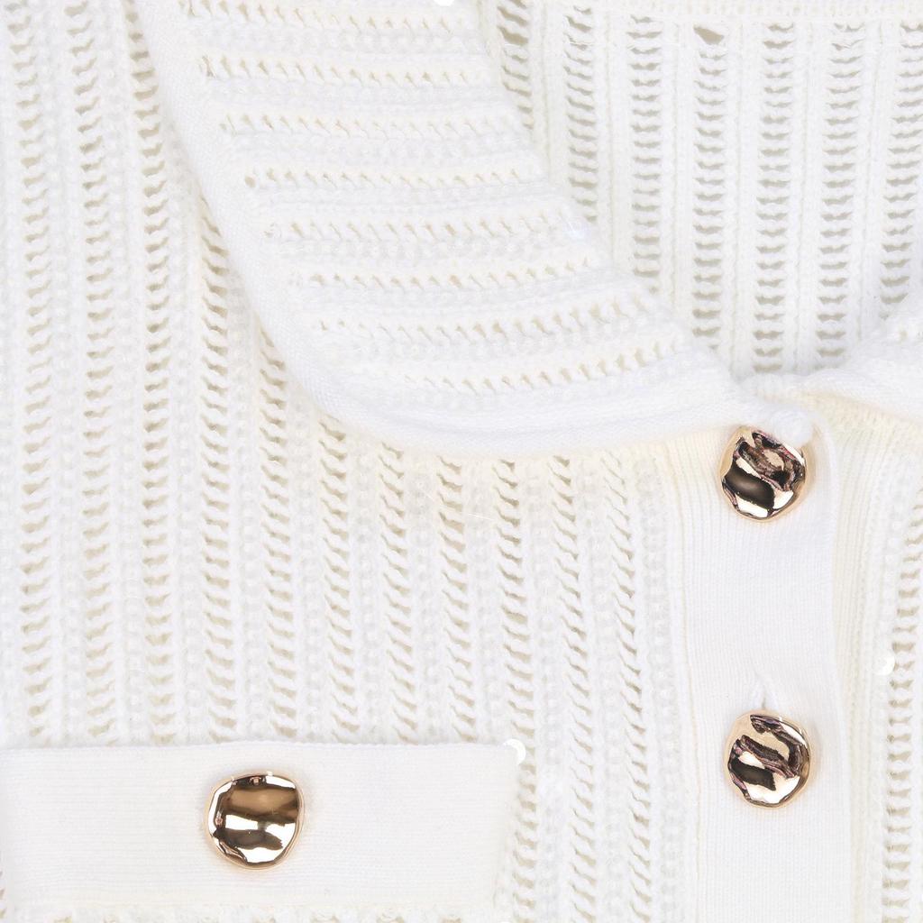 Women's French Sequin A-line Skirt Set with Lapel Metal Buckle and Knitted Hollowed Short Sleeve Cardigan