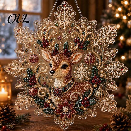 Festive Wall Hanging Ornament Christmas Faux Pearl Painting Suncatcher Kit, Acrylic Snowflake Shaped Board with Lace Adult Crafting Hobby Supplies