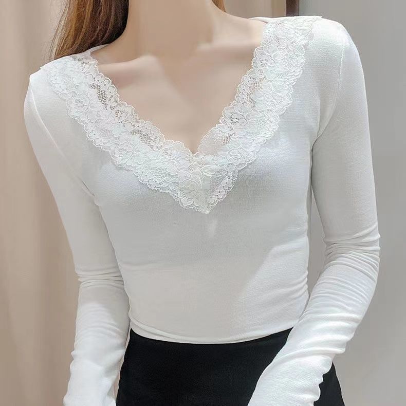 Koszula z dekoltem w serek z koronką na dole damska na wiosnę i jesień modna seksowna podszewka modna czarno-biała koszulka dopasowana góra