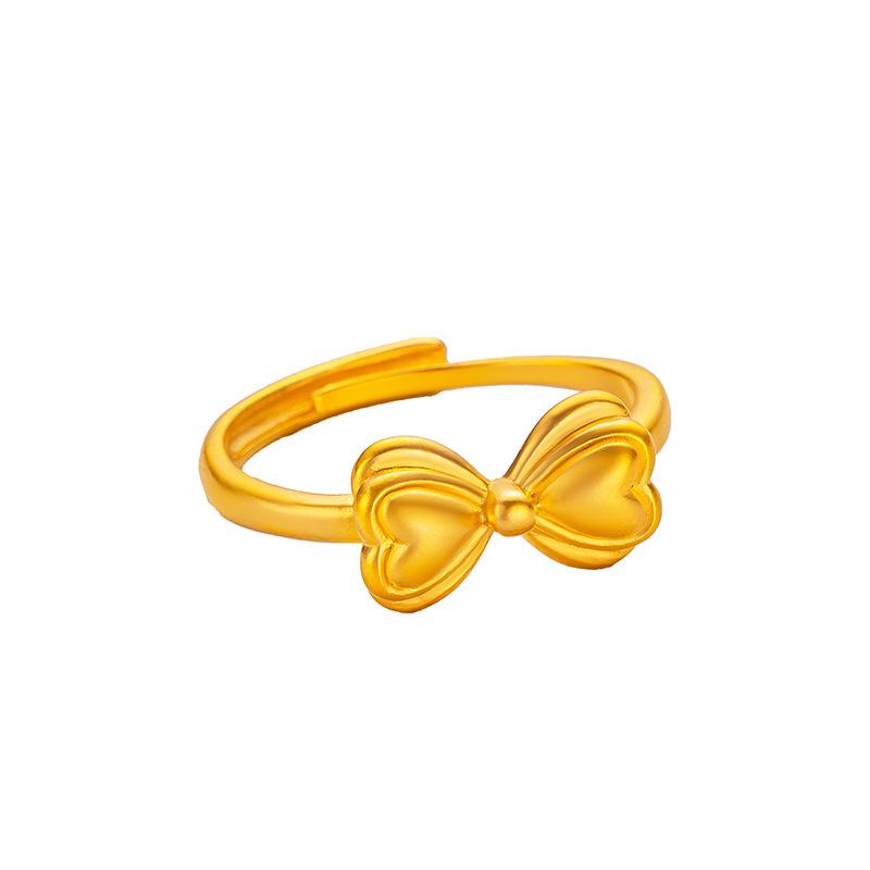 Gold-Plated Princess Bow Adjustable Ring with Diamonds - Sweet Open Design for Women
