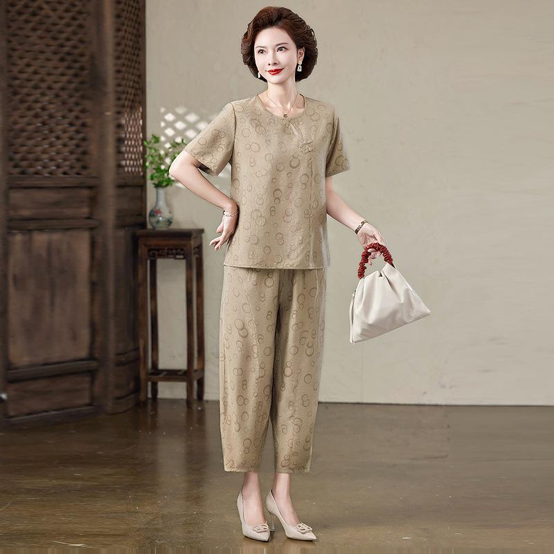 

2026 Summer Retro Ethnic Short-Sleeve Cotton-Linen Top & Slim-Fit Nine-Tenth Pants Set 2XL [recommended 95-115 jin]