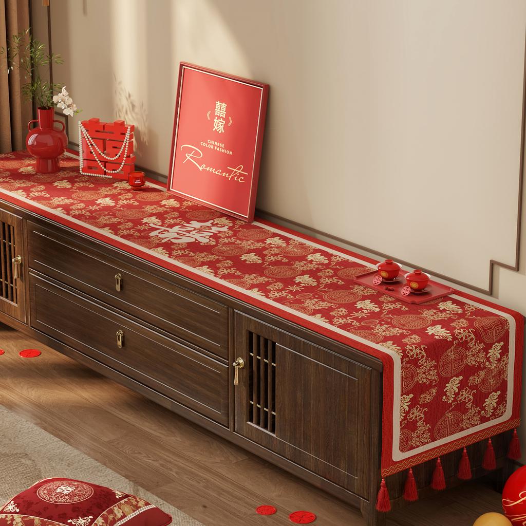 Wedding Tv Cabinet Tablecloth Light Luxury High-End Red Side Cabinet Long Strip Cover Festive Coffee Table Decorative Cloth