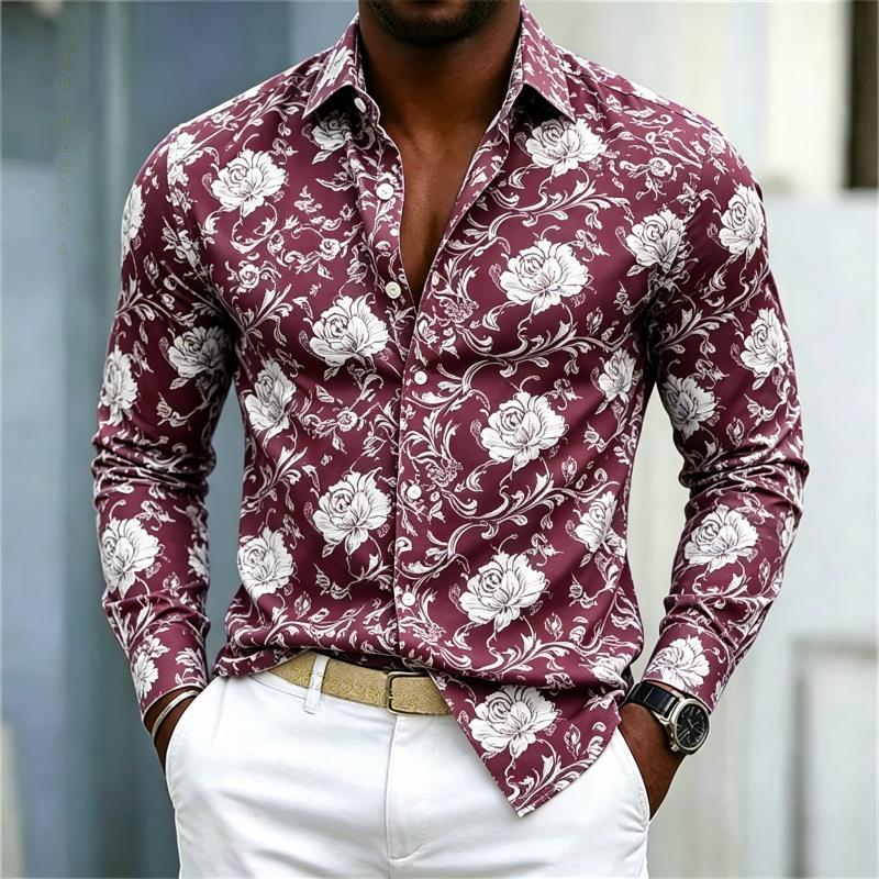 2026 Nuova Camicia da Uomo Stile Europeo e Americano Camicia Floreale Rosa Rossa Uomo Slim Fit Manica Lunga Stile Casual da Vacanza