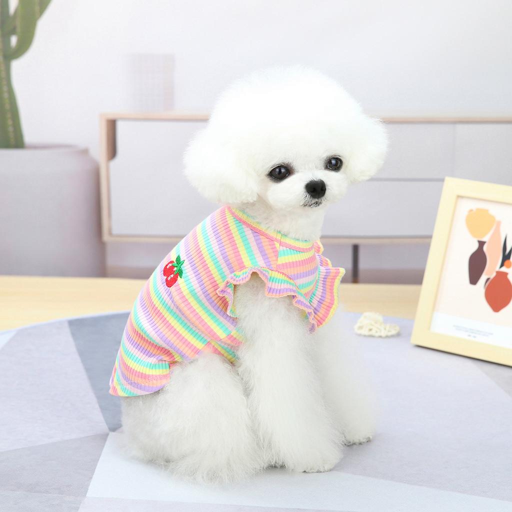 Dog Clothes Summer Thin Small Dog Teddy Princess Dress Suspender Bichon Frize Cat Color Strip Embroidered Cherry