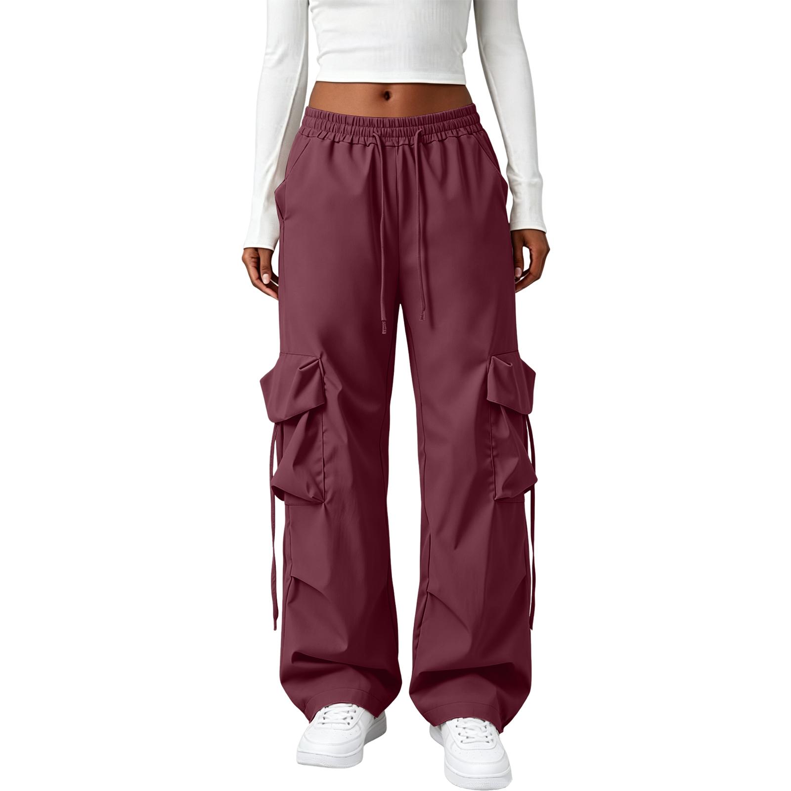 

High Waist Wide Leg Cargo Pants for Women Loose Fit Straight Leg Trousers with Multiple Pockets and Adjustable Waistband Casual Bottoms S винний