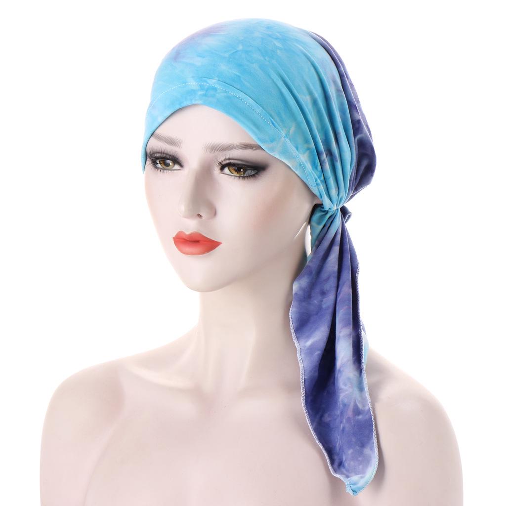 European-American Floral Print Two-Tail Curved Muslim Headscarf Pullover Hat
