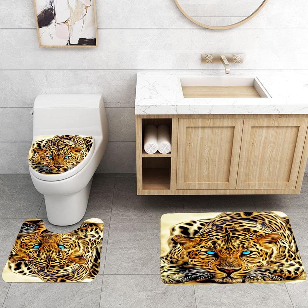 4-teiliger goldener Leoparden-Duschvorhang, Toilettensitz-Badematten-Set, Gepard-Stoff, Badezimmer-Duschvorhang, Wildtier-Stoffvorhänge