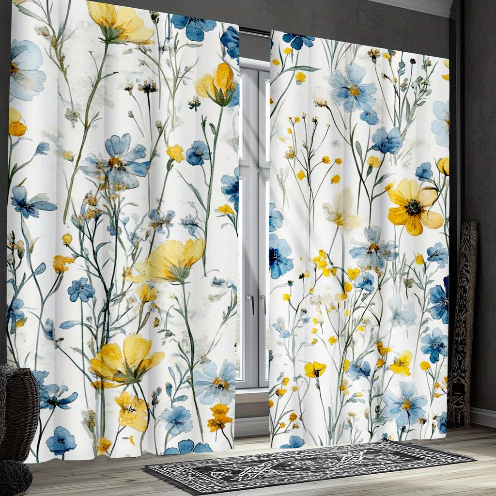 2pc Watercolor yellow and blue floral pattern curtains, polyester fabric, machine washable, suitable for bedroom/living room
