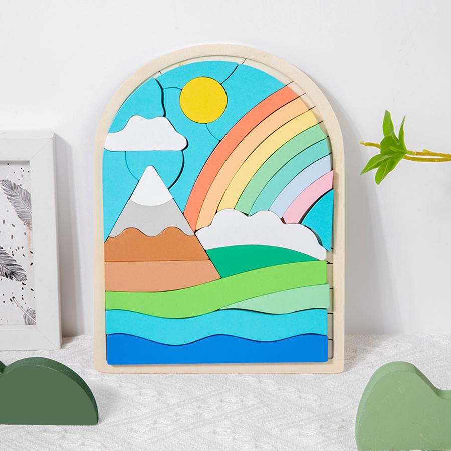 Montessori Wooden Rainbow Irregular Puzzle Board Game 3D Sensory Game Toy Kid Shape Color Recognition Building Blocks Party Gift