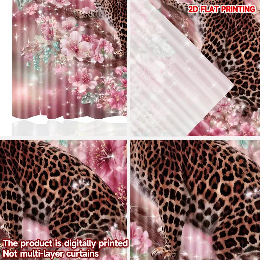 Modern Leopard Pink Flower Curtains Digital Printed Window Drapes Animal Floral Design Living Room Bedroom Decor Set Of 2 Made Polyester