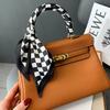 Skinny Ribbon Silk Scarfs for Women Luxury Lattice Checkerboard Print Neck Ties Hairband Bag Neckerchief Foulard Female headband