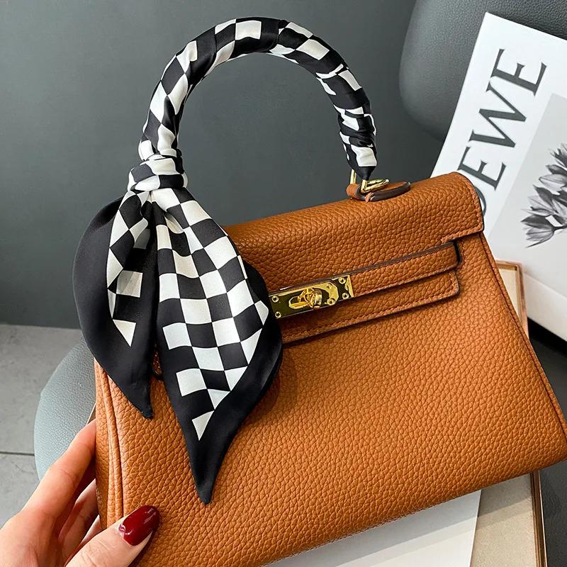 Skinny Ribbon Silk Scarfs for Women Luxury Lattice Checkerboard Print Neck Ties Hairband Bag Neckerchief Foulard Female headband