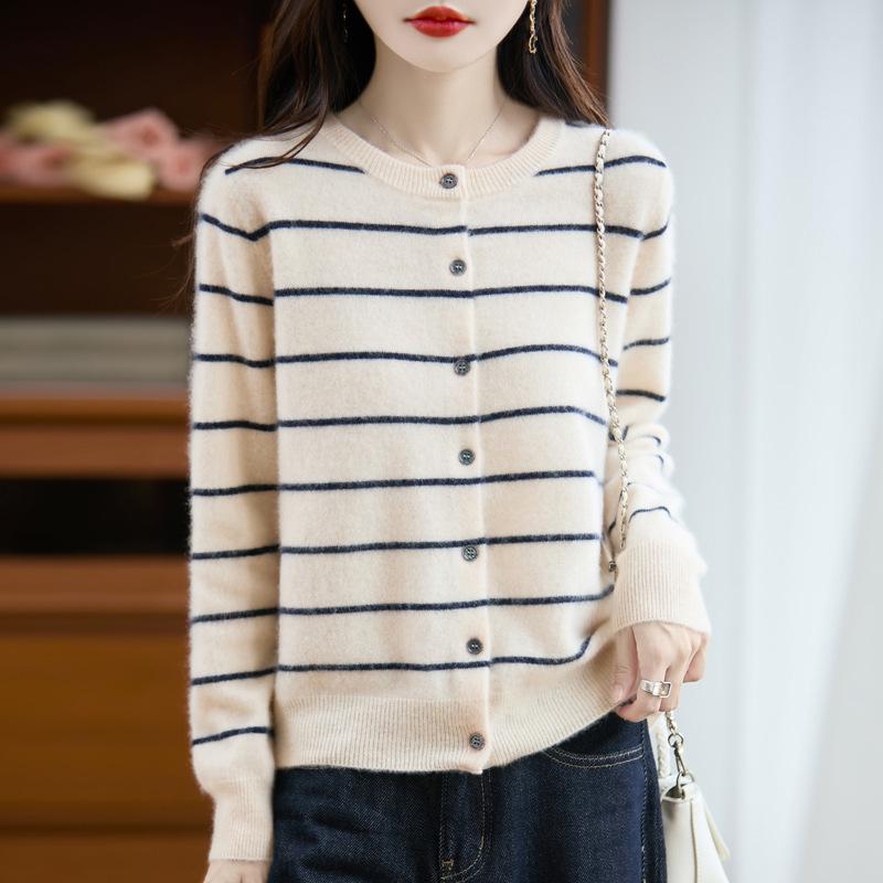 2025 Autumn/Winter Women's Pure Wool Striped Knit Cardigan: Round Neck, Loose Fit, Cashmere Long Sleeve Versatile Outerwear.