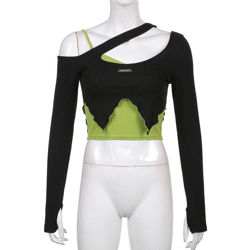 Dvoudílné tričko v kontrastní barvě s odklopenými rameny Dámské Slim Nepravidelné Top Krátký Dlouhý Rukáv