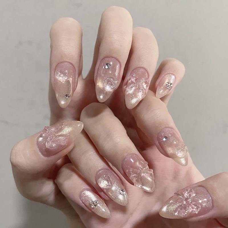 Cat Eye Gradient Press-On Nails with 3D Bow & Heart Design