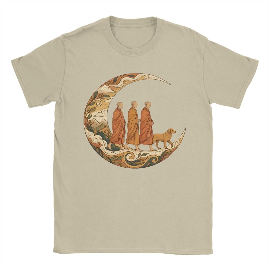 Walking for Peace Mönche und Hund im Halbmond Herren T-Shirts Crazy T-Shirt Kurzarm T-Shirt Baumwolle Übergröße Kleidung