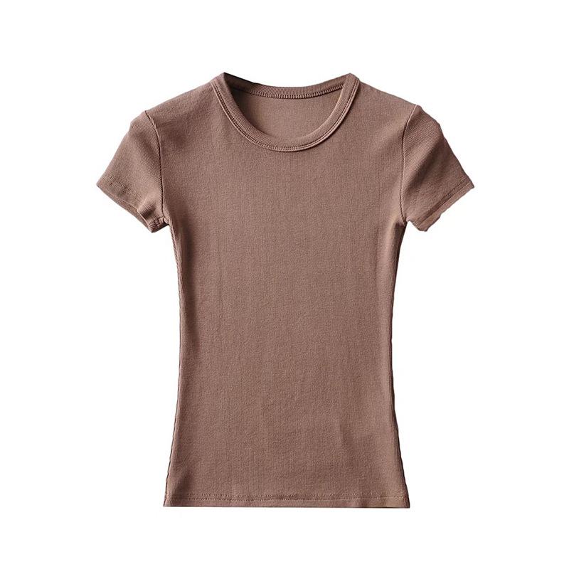 

YPFF Летний женский однотонный базовый топ с коротким рукавом и круглым вырезом из эластичной нити Small темные хаки