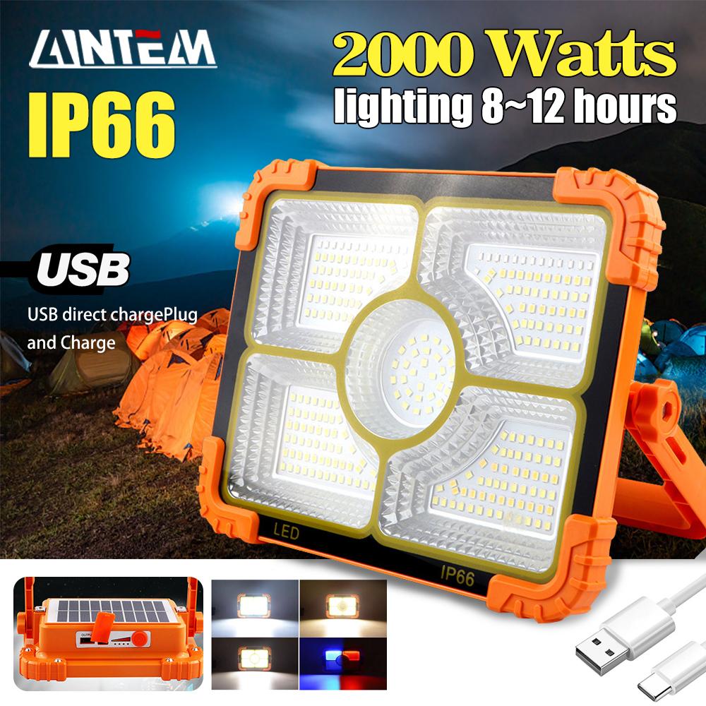Newest 2000Watts LED Solar Floodlight Rechargeable Emergency Lighting Outdoor Camping Portable Lamp Waterproof Searchlight Hot
