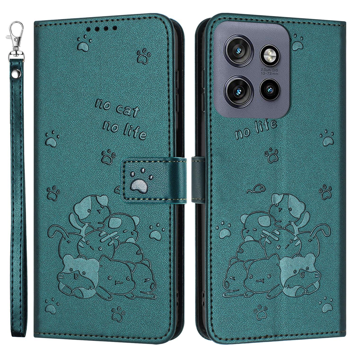 

For Motorola Moto G15 4G Case with Strap Cats Imprint Leather Wallet Phone Cover Blackish Green