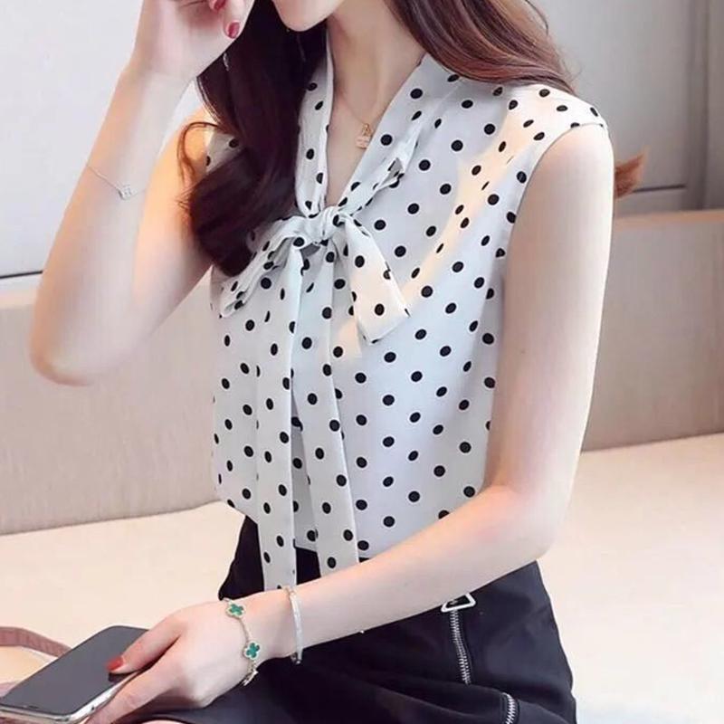 New Summer Office Lady Elegant Fashion Polka Dot Print Bow Lace Up Loose Chiffon Tank Top Shirt Sleeveless Casual Blouses