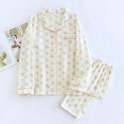 2026 Japanisches Neues Damen-Pyjama-Set 100% Reine Baumwolle Krepp Langarmhose Zweiteiliges Set mit Umlegekragen Einfach für Zuhause
