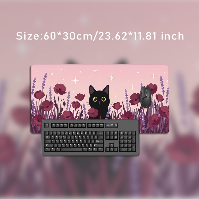 Mouse Pad Black Cat Pink Flower Field Gamer printon demand Large HD Mousepad XXL MousePads Carpet Non-Slip Office PC Table Mat