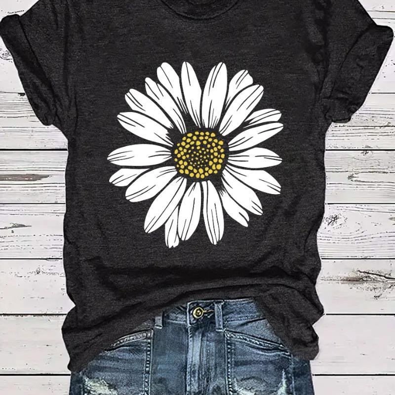 Daisy Flower Print Women s Summer Fitted Round Neck T-Shirt S