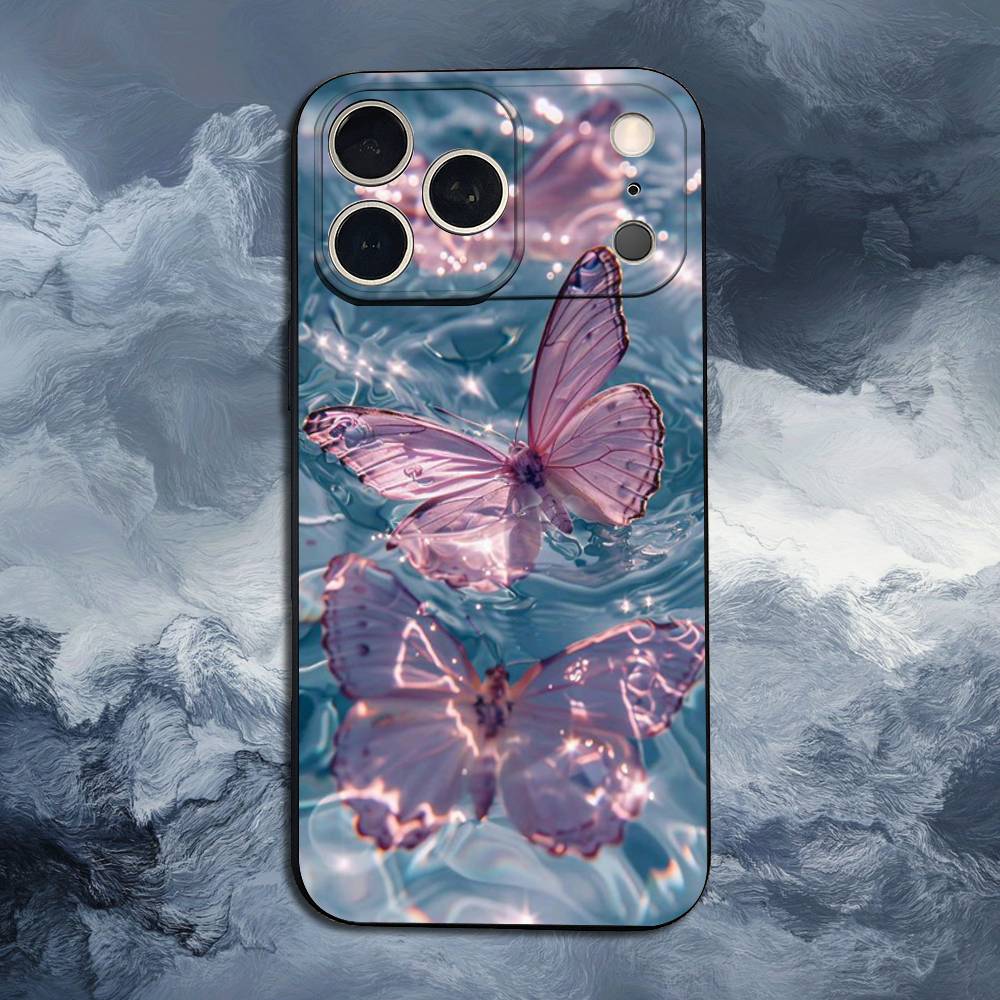 

Pink Butterfly Pattern For iPhone 12,14,13,15,16,11,17,X,Mini,XR,SE,XS,Plus,Pro,Max,8,7,Soft Silicone Black Case iPhone14PRO
