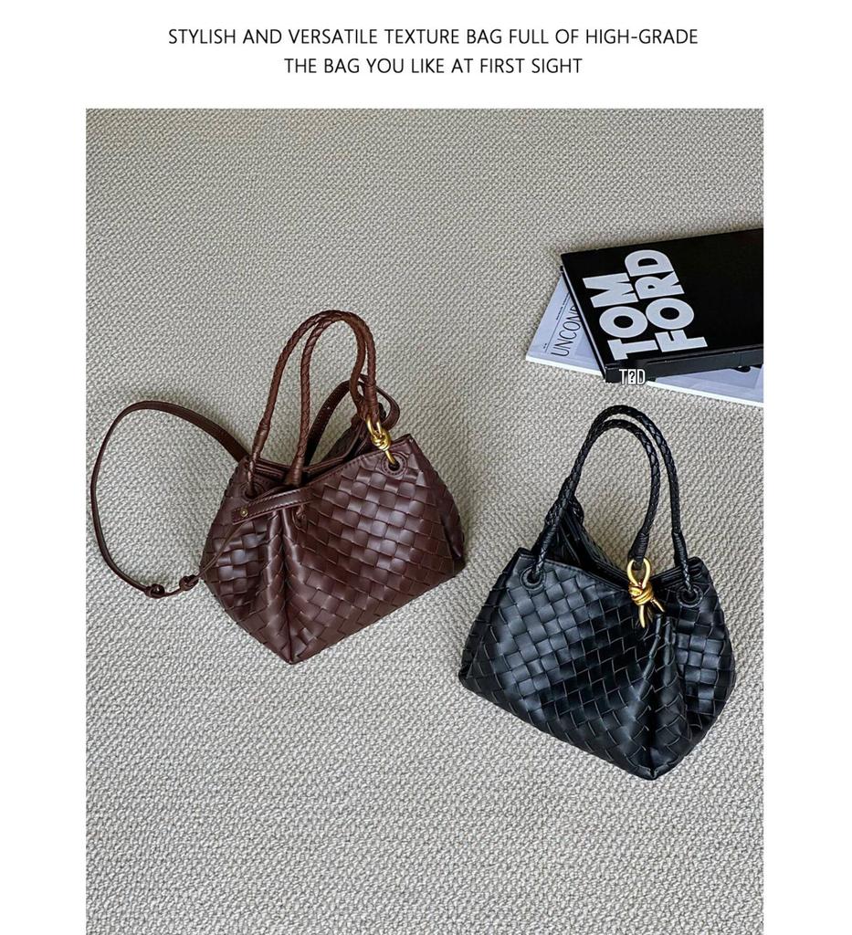 2024 Summer Woven PU Parachute Handheld & Crossbody Basket Bag with Metal Rope Buckle