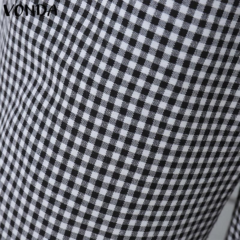 VONDA Women Casual Elastic Waist Drawstring Plaid Trousers