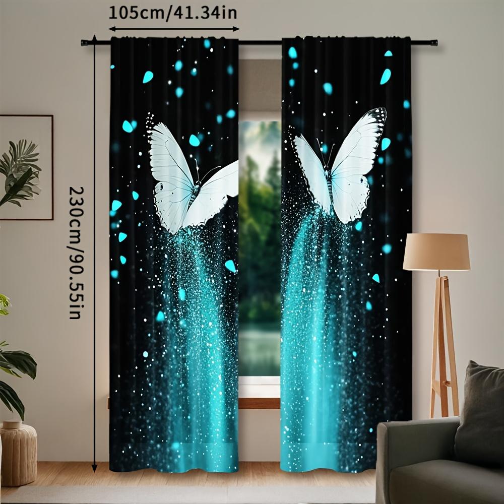 Set Of 2 Digital Printed Retro Blue Luminous Butterfly Living Room Curtain Furniture Bohemian Curtains Made Polyester Sitting Window Treatment