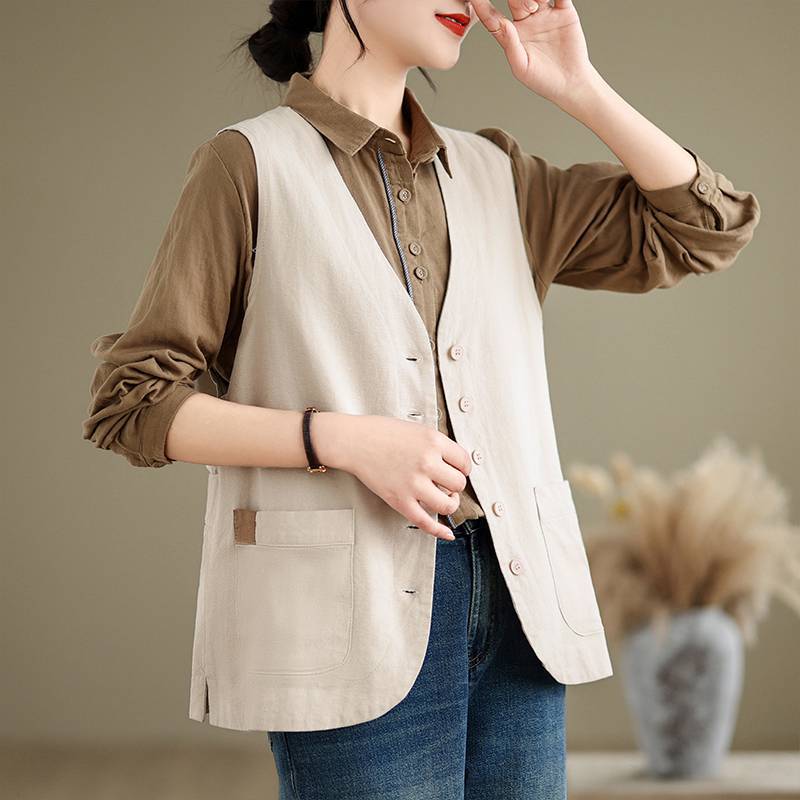 Women's V Neck Sleeveless Linen Blend Waistcoat Oversized Loose Button Down Vest Vintage Retro Pocket Layering Gilet Spring Summer Casual Outerwear