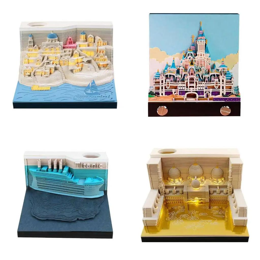 3D Memo Pad Art Fantasy Castle Shaped Desk Calendar Sticky Notes Card Craft Character Silhouette DIY Gift with Light Calendar