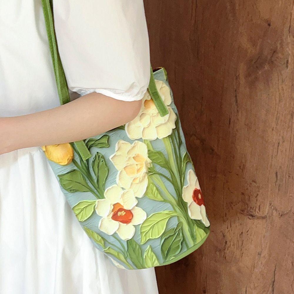 Fashion Women's Shoulder Bag Floral Pattern Canvas Bucket Bag Casual Large Capacity Handbag