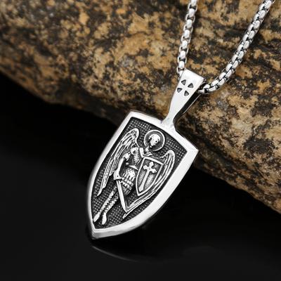 Vintage Angel Cross Shield Pendant Stainless Steel Medal Necklace Fashion Personality Titanium Steel Necklace