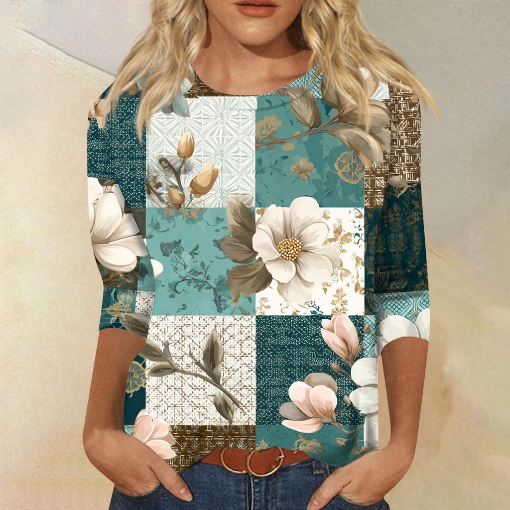 Women's Fashion Casual Round Neck Three-quarter Sleeve Retro Floral Print T-shirt Top