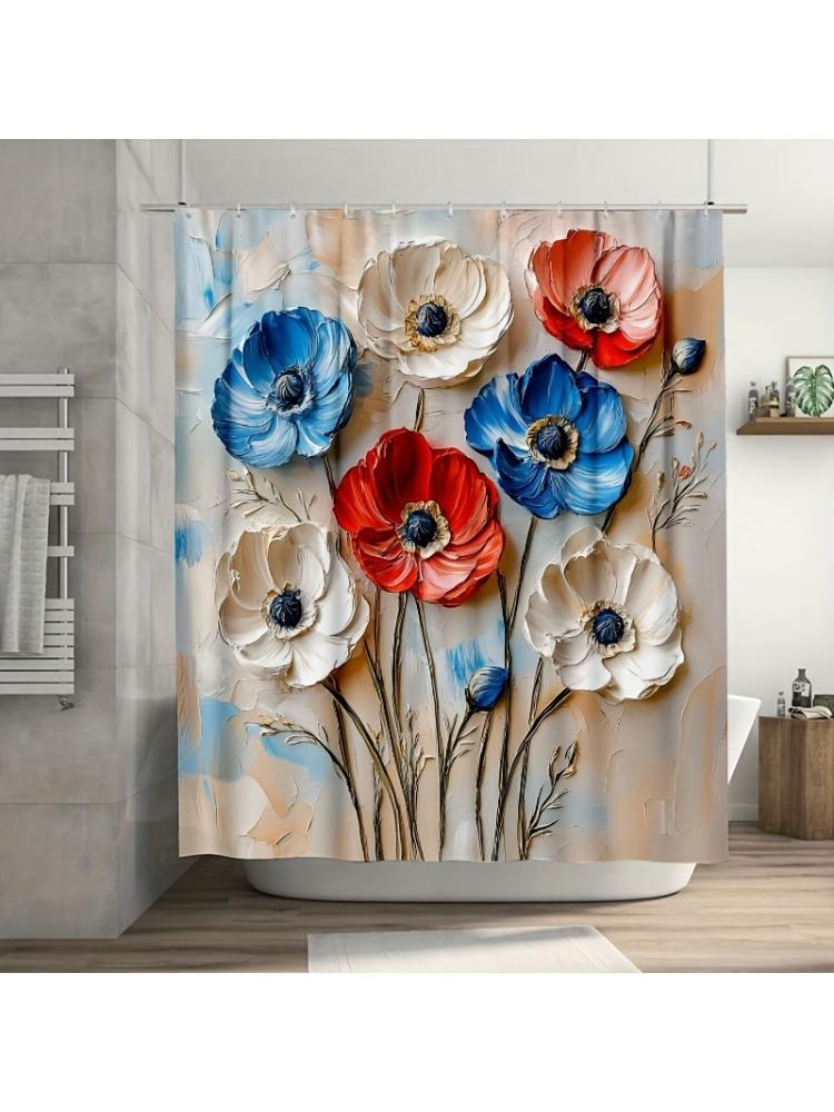 

1Pc Poppy Floral Shower Curtain, Durable Polyester, Red & Blue Poppies With Green Stems,For Bathroom Bathtub Or Window Decor W60H190(CM)-1 Pcs