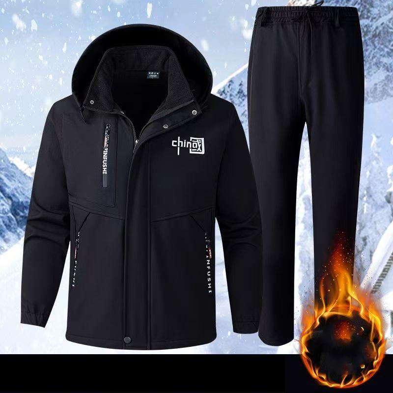 Men's Winter Set Waterproof Language Mark Outdoor Set Plus Size Set Warm Jacket + Warm Pants 2 Piece Set