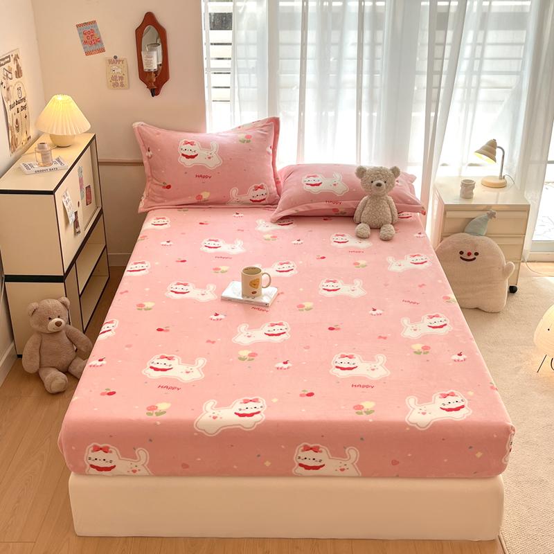 Cute Cartoon Bear Pattern Flannel Fitted Sheet Set Warm Breathable Super Soft Deep Pockets Mattress Cover for Kids Boys Girls