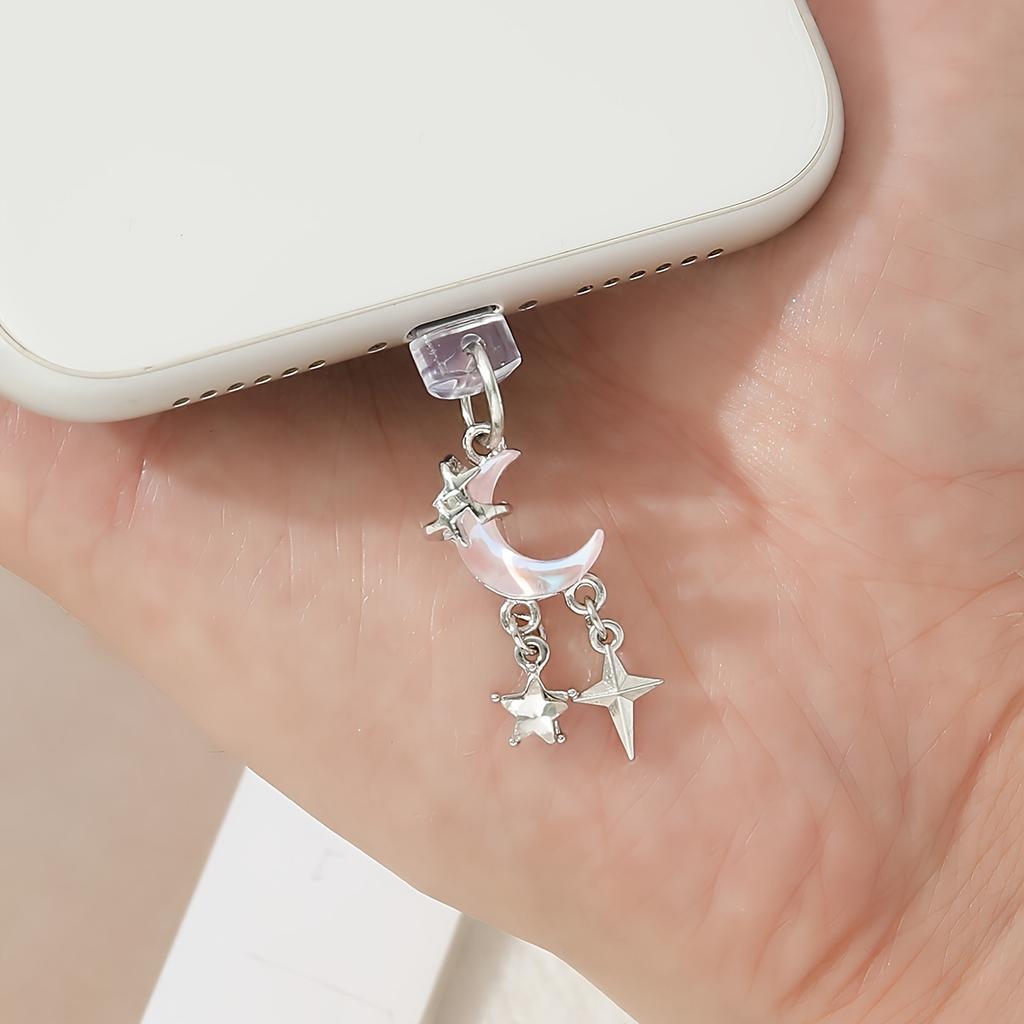 1pc Dreamy Pearl Moon Star Alloy Dust Plug Pendant, Simple Alloy Inlaid Color Moon Dust Plug Pendant, Cute Cartoon Mobile Phone Pendant