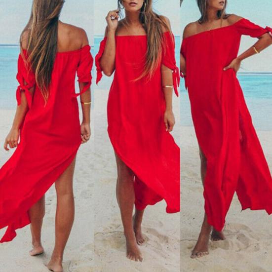 Irregular Cover-Up Dress Boat Neck Side Split Mid-calf Length Swimwear Dress for Beach