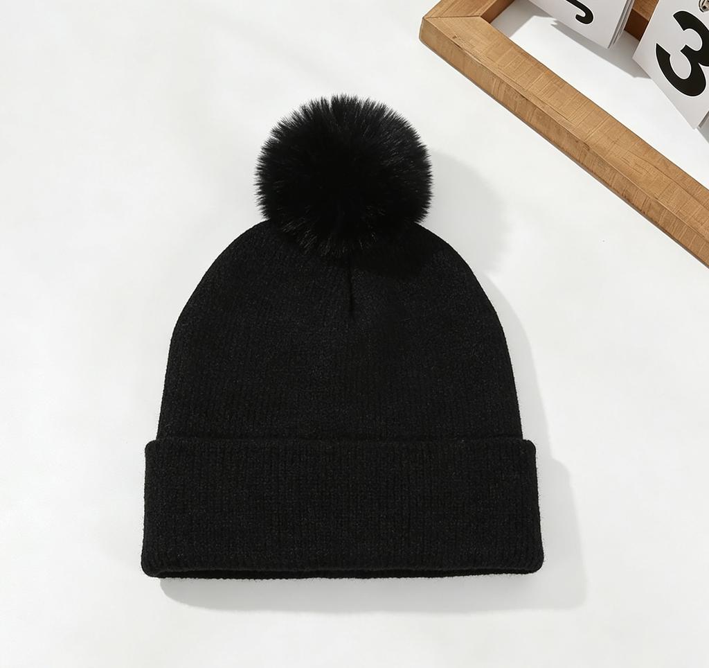 Modische Wollmütze mit Bommel für Herbst und Winter, Outdoor, Kälteschutz, Warm, Europäische und Amerikanische Damen, Unifarbene Pullovermütze