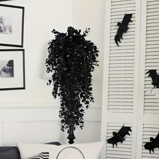 2 ks Halloweenská závěsná umělá eukalyptová strašidelná umělá černá listová větev vnitřní venkovní nástěnná závěsná falešná plastová rostlina černá zeleň dekorace